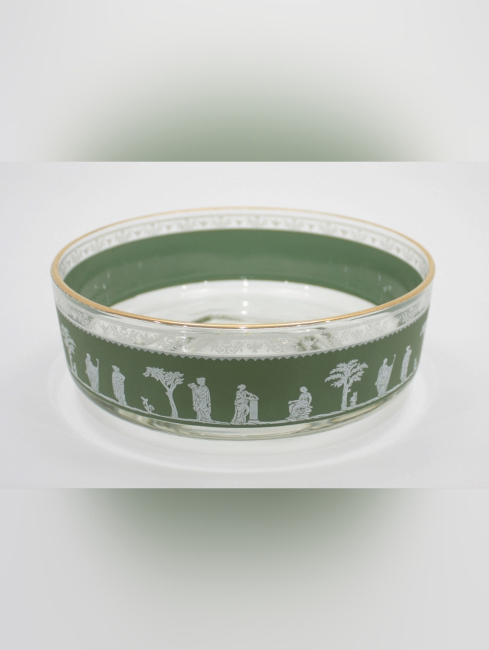 Vintage 60s/70s Janette Helenic Green Glass 7" Serving Bowl with Gold Rim